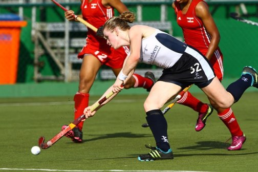 Scotland midfielder Morag McLellan sets up another attack against T&T at the Hockey World League Round 2 in Brazil